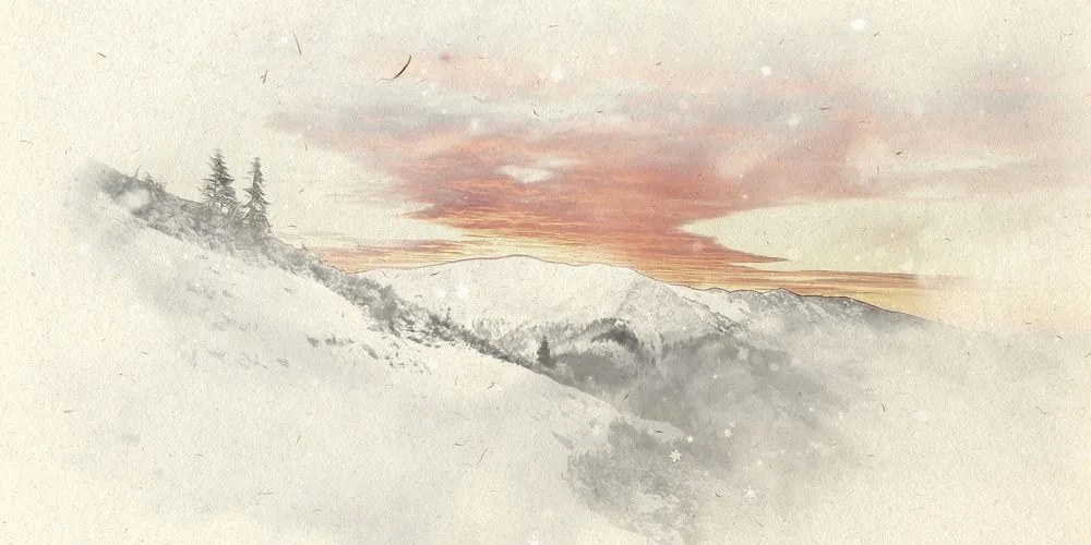 Quadro su tela – Sole calante sulle montagne innevate