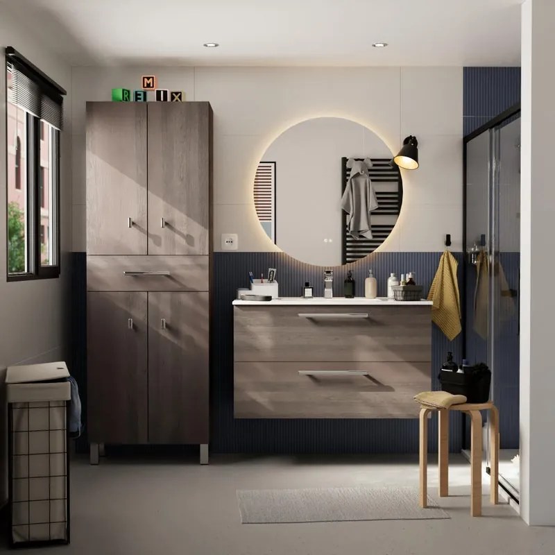 Mobile bagno sospeso con lavabo L 100 x H 57,7 x P 45 cm rovere grigio truciolare 2 cassetti | Remix