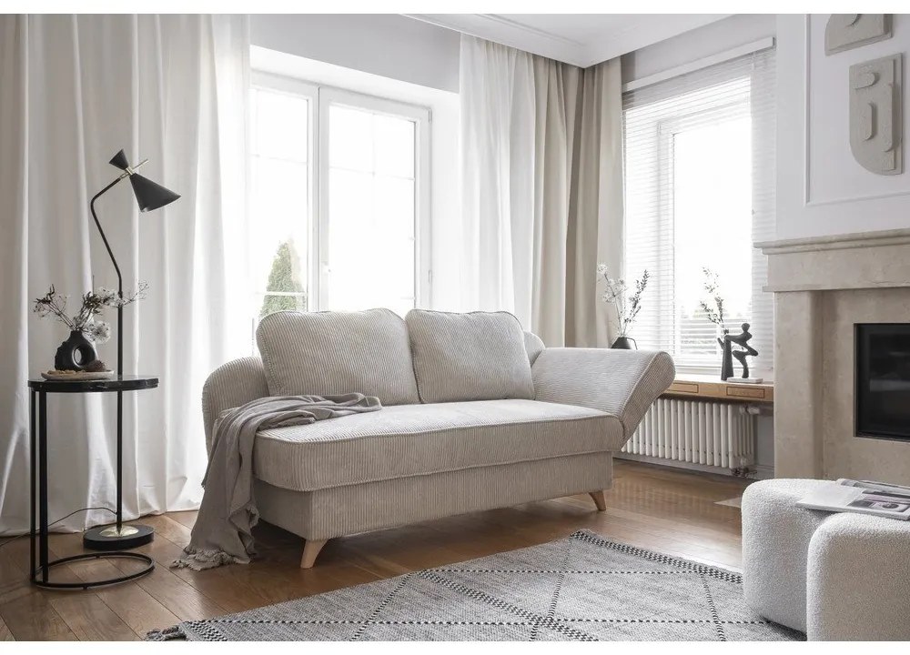 Chaise longue beige (con penisola a destra) con rivestimento in velluto a coste Chic Charlotte – Miuform