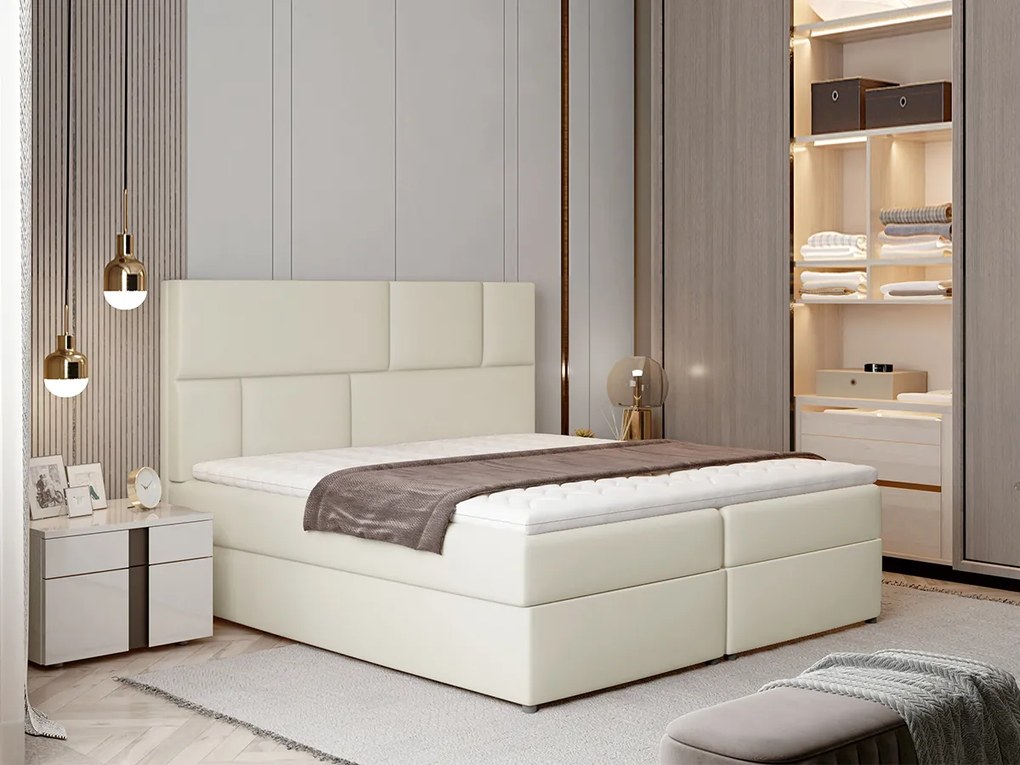 Letto matrimoniale boxspring Londra - 180 x 200 cm , Ecopelle bianco panna