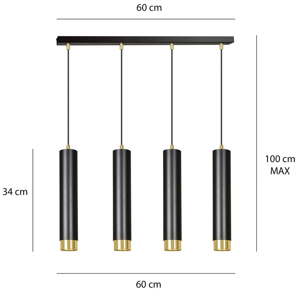 Lampadario 4 Luci Brunilde In Acciaio Nero E Tubolari In Nero E Oro