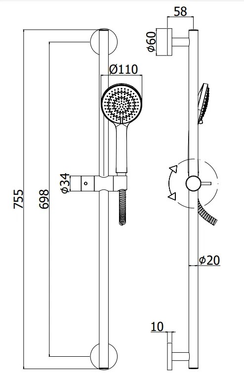 Paffoni Life Ginevra zsal146 asta doccia 75 cm con saliscendi doccetta e flessibile nero opaco