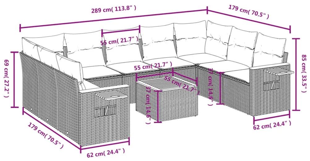 Set Divano da Giardino 10 pz con Cuscini Beige in Polyrattan