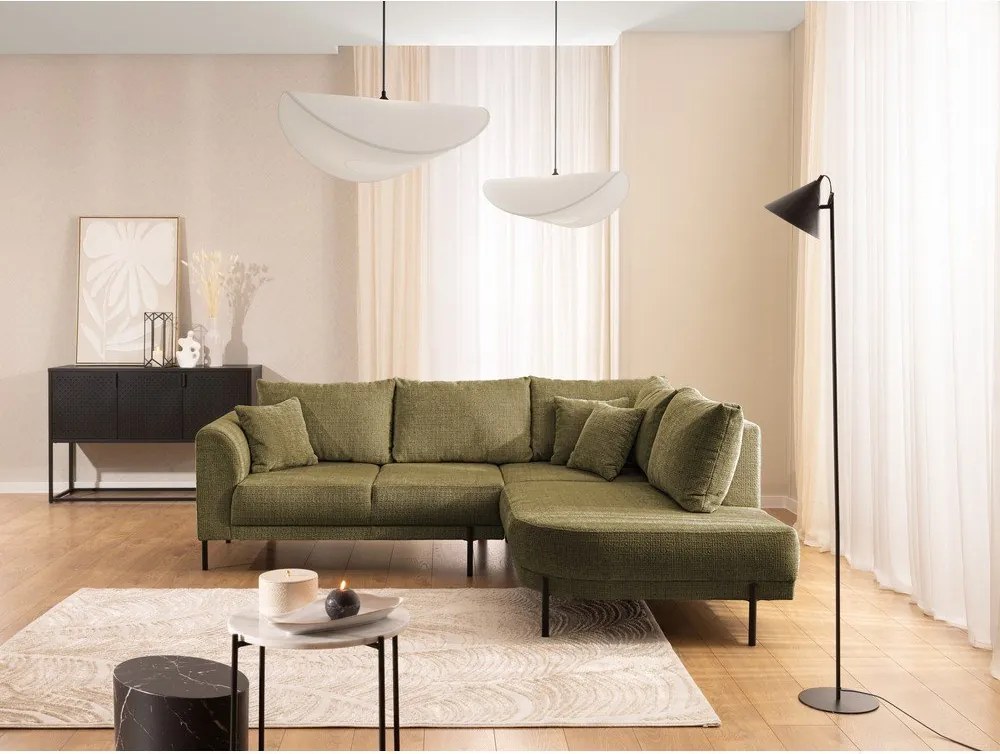 Divano angolare verde (con penisola a destra/a L) con rivestimento in ciniglia Mauris – Ropez