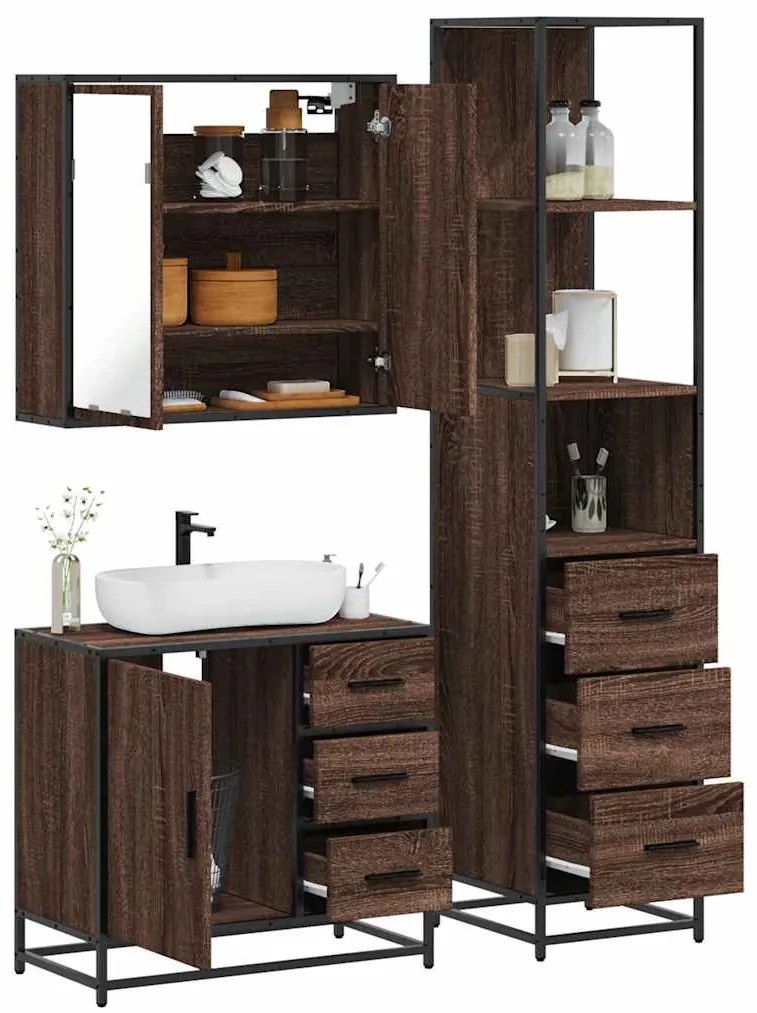 Set Mobili Da Bagno 3 Pz Rovere Marrone İn Legno Multistrato /