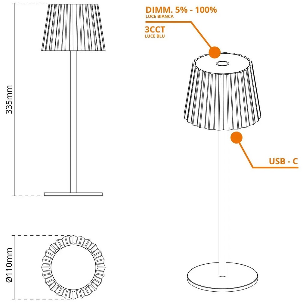 Lampada da Tavolo Ricaricabile 2.2W IP54 CCT Dimmerabile - Bianco Rigato