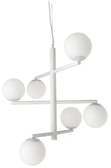 Lampada a sospensione GIZAH a 6 luci in metallo D76 cm con diffusori in vetro soffiato BIANCO