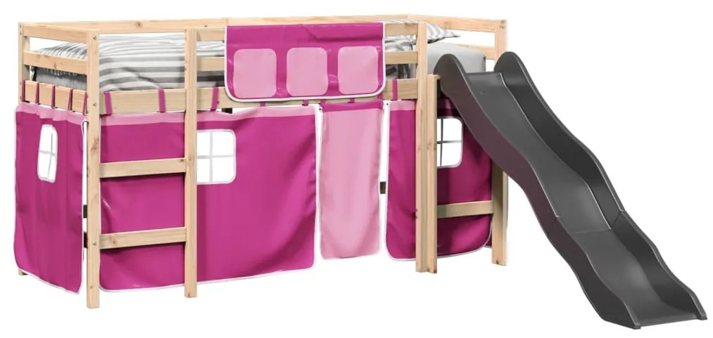 Letto a soppalco con tende bambini rosa 90x200 cm massello pino