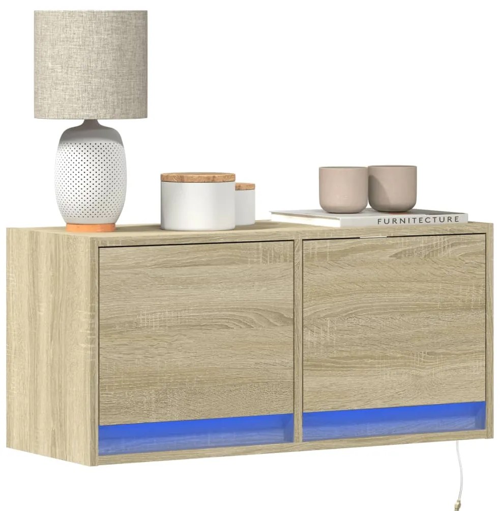 Mobile Tv A Parete Con Luci Led Rovere Sonoma 80x31x35 Cm /