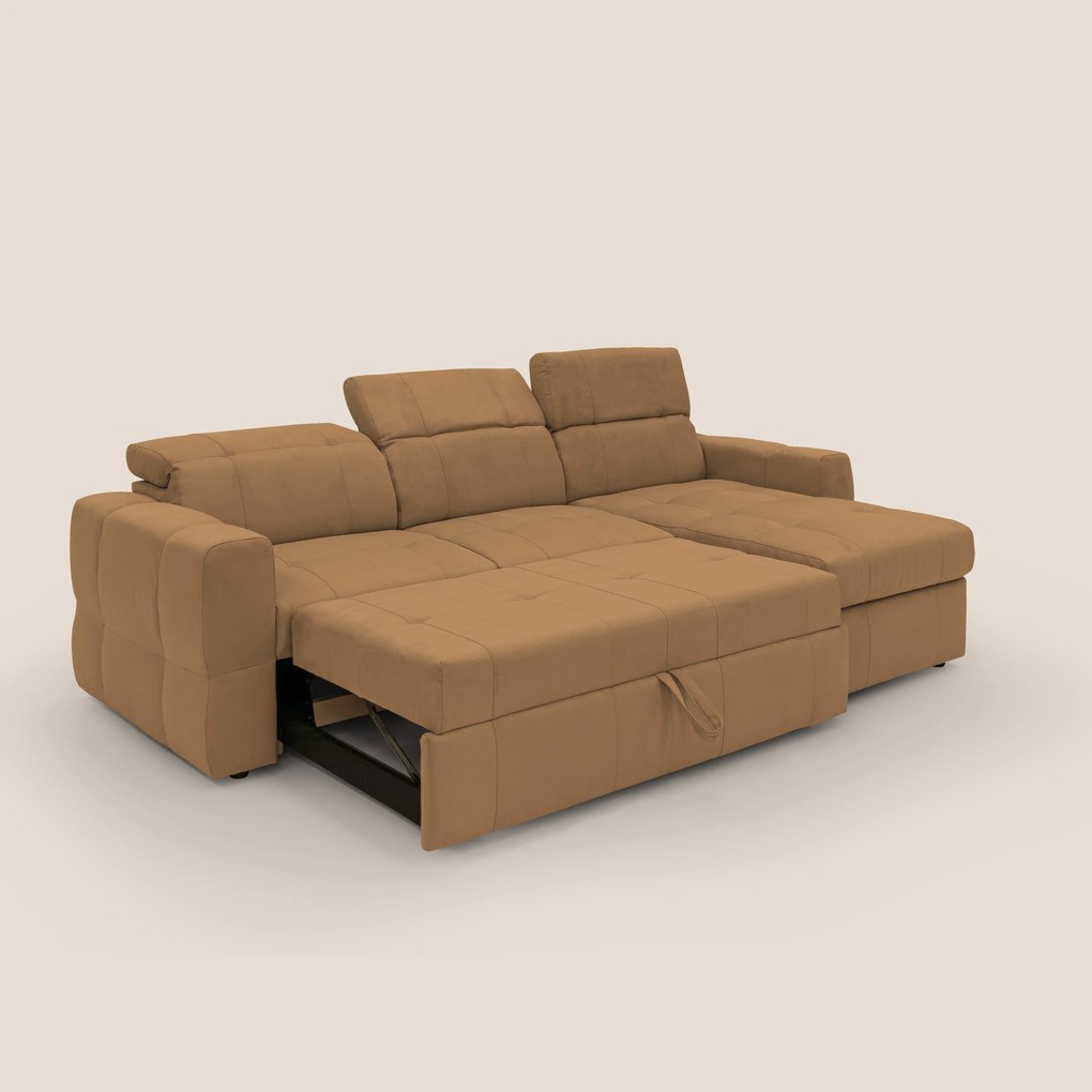 Kronos Divano angolare con pouf estraibile e penisola contenitore in microfibra impermeabile T11 cuoio