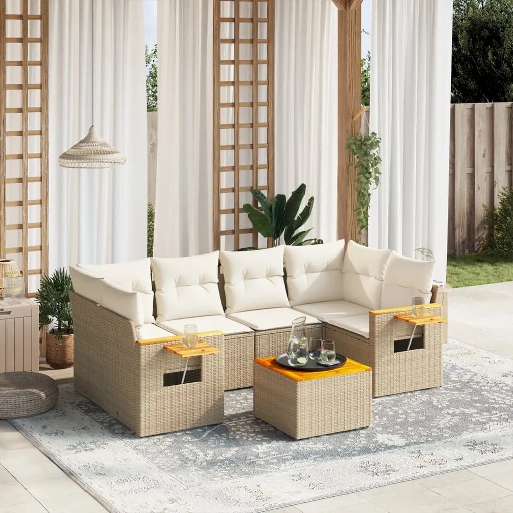 Set Divani da Giardino 7 pz con Cuscini Beige in Polyrattan