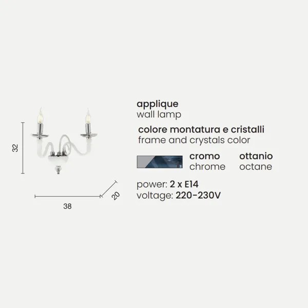 Applique DEBUSSY 2 luci in vetro lavorato a mano Ottanio 38x32 cm