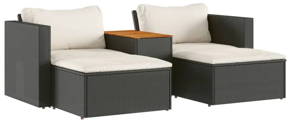 Set divani da giardino 5 pz con cuscini nero polyrattan acacia