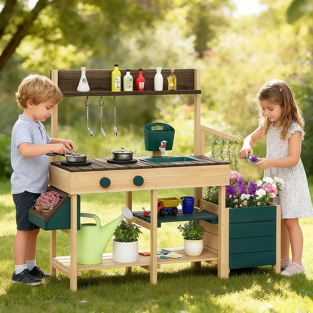 Costway Cucina da esterno in legno per bambini 3-8 anni con accessori realistici, Cucina da gioco con cassettiera per piante 3 Colori