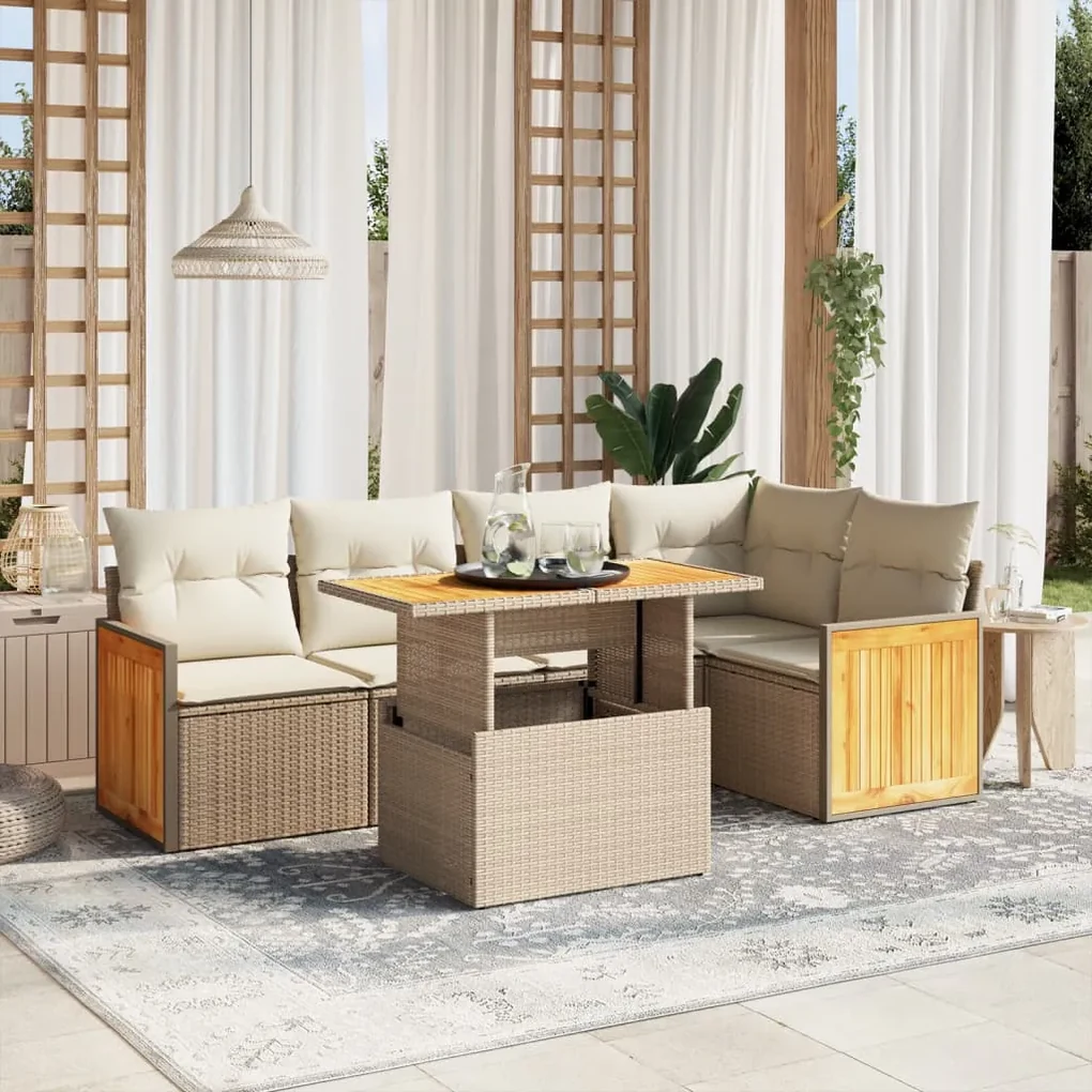 Set divano da giardino 6 pz con cuscini beige in polyrattan