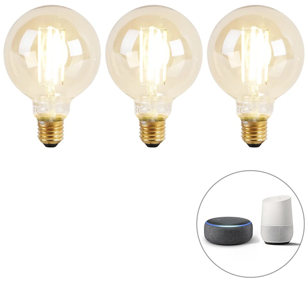 Set di 3 lampadine LED intelligenti E27 dimmerabili con luce calda G95 Goldline 7W 806lm 1800K - 3000K