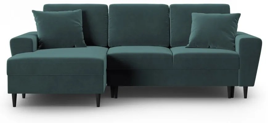 Divano angolare color petrolio allungabile e con contenitore (con penisola a sinistra/con chaise lounge) con rivestimento in velluto Kyoto – Cosmopolitan Design
