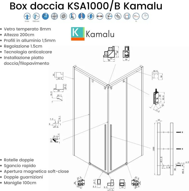 Kamalu - Box doccia 70x70 apertura doppio scorrevole vetro 8mm finitura acciaio spazzolato | KSA1000