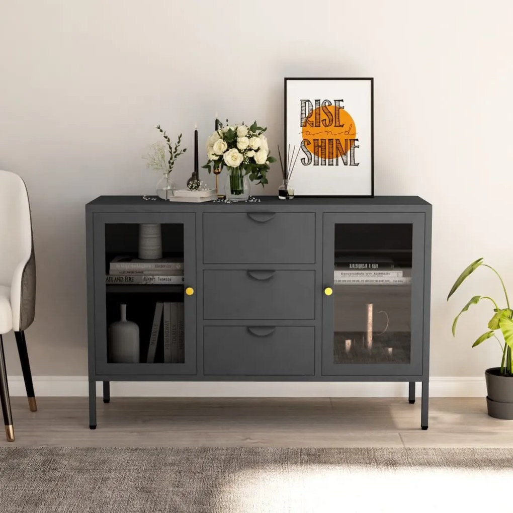 Credenza Antracite 105x35x70 Cm İn Acciaio E Vetro Temperato /