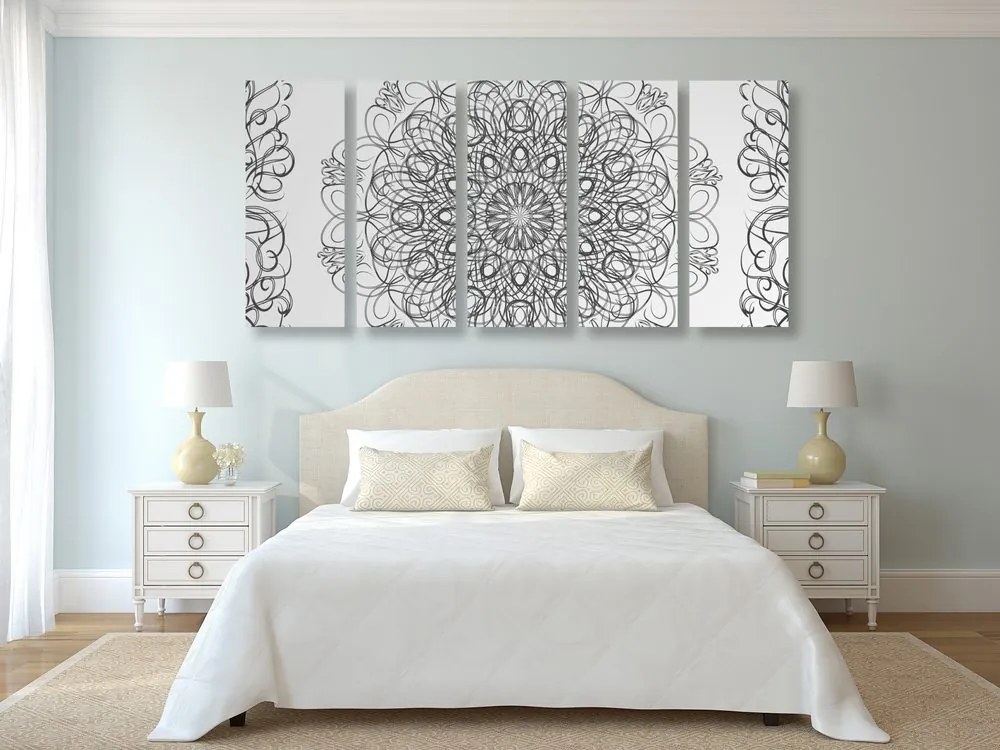 Quadri 5 pezzi – Mandala floreale astratta in bianco e nero