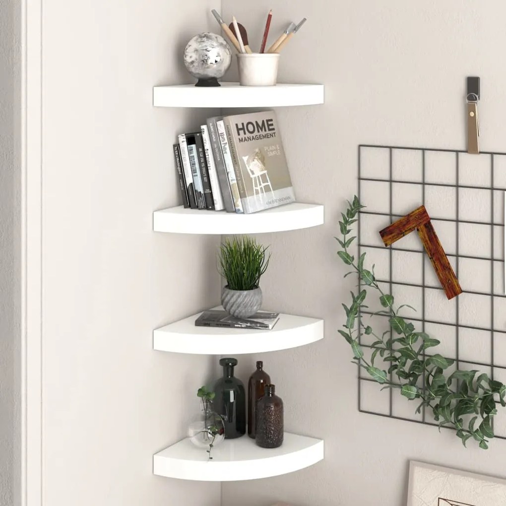 Scaffali Angolari A Parete 4 Pz Bianco Lucido 25x25x3,8 Cm Mdf /