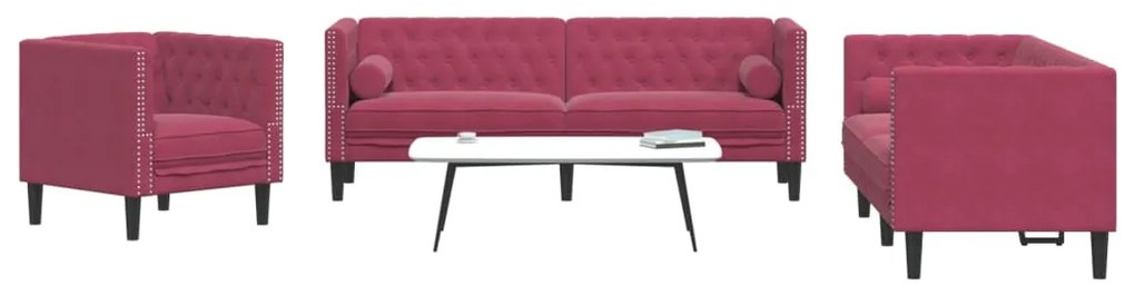 Set Divani Chesterfield 3pz Con Cuscini Rosso Vino Velluto /