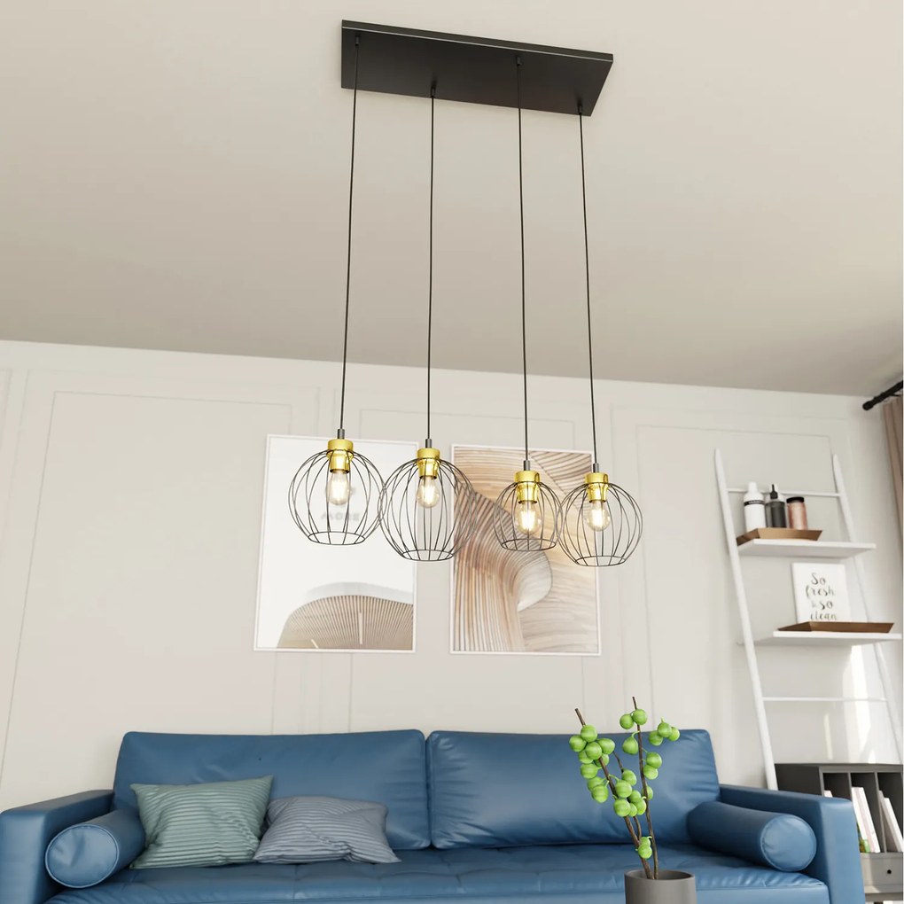 Sospensione Minimal Industrial Hathor 4 Luci Lineari Nera E Oro