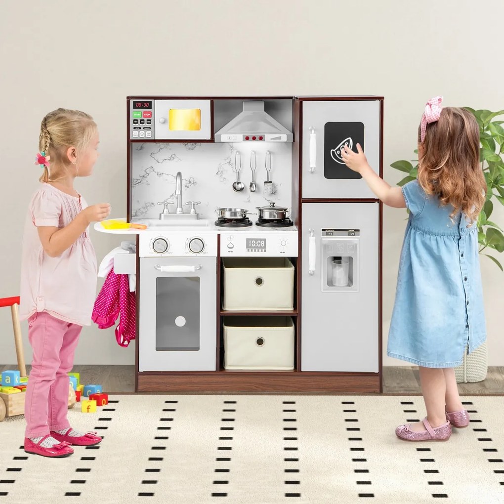 Costway Set di cucina giocattolo per bambini con luci e suoni accattivanti e forno a microonde, Set di cucina Caffè