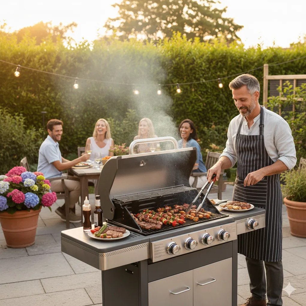 Barbecue a Gas GPL 4 Fuochi + 1 Fornello Laterale Ompagrill Indianapolis 5/B in Acciaio Inox...