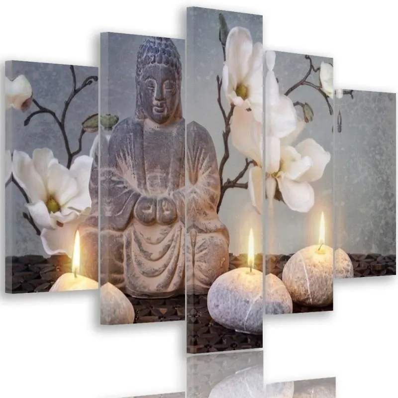 Quadri Quadro 5 pezzi Stampa su tela Pietra di fiori grigi di Buddha  Dimensioni 200x100