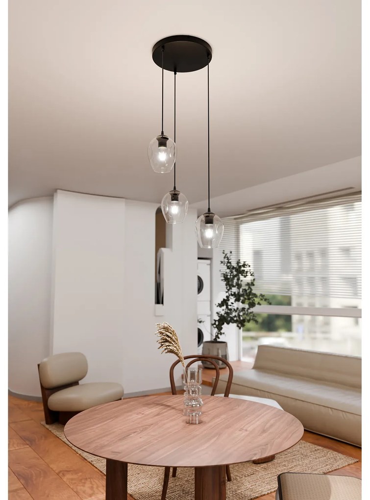 Lampadario 3 Luci Fuxi Base Tonda In Acciaio Nero E Vetri Trasparente
