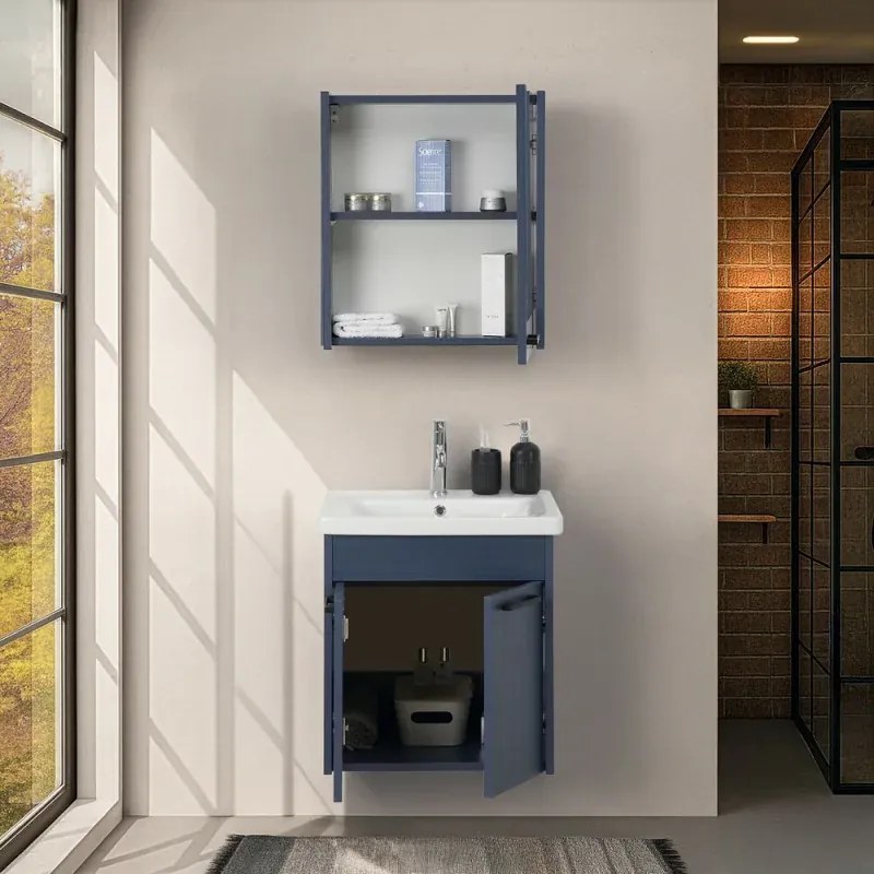 Mobile bagno sospeso 55 cm blu effetto legno con armadietto a specchio Sofia