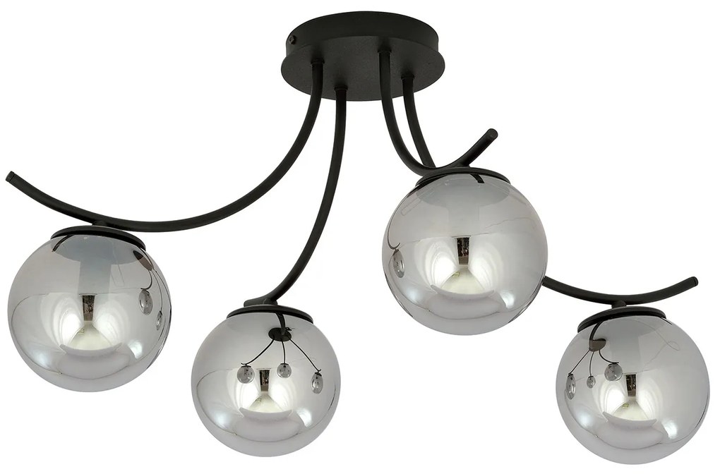 Plafoniera Moderna 4 Luci Coeo In Acciaio Nero E Diffusori In Vetro Fumè