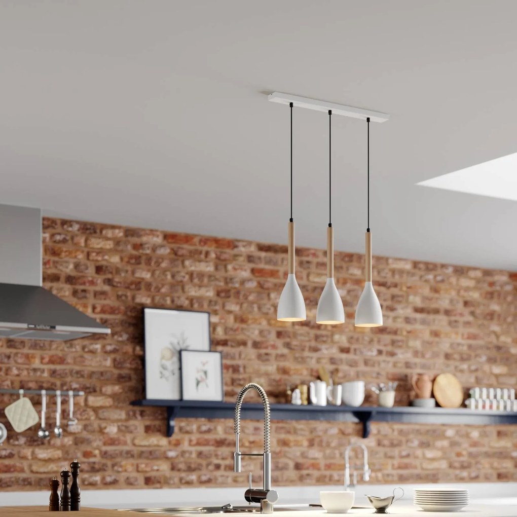 Luminex Lampada a sospensione Muza, 3 luci, bianco/legno chiaro
