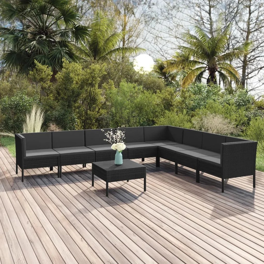 Set Divani da Giardino 9 pz con Cuscini in Polyrattan Nero