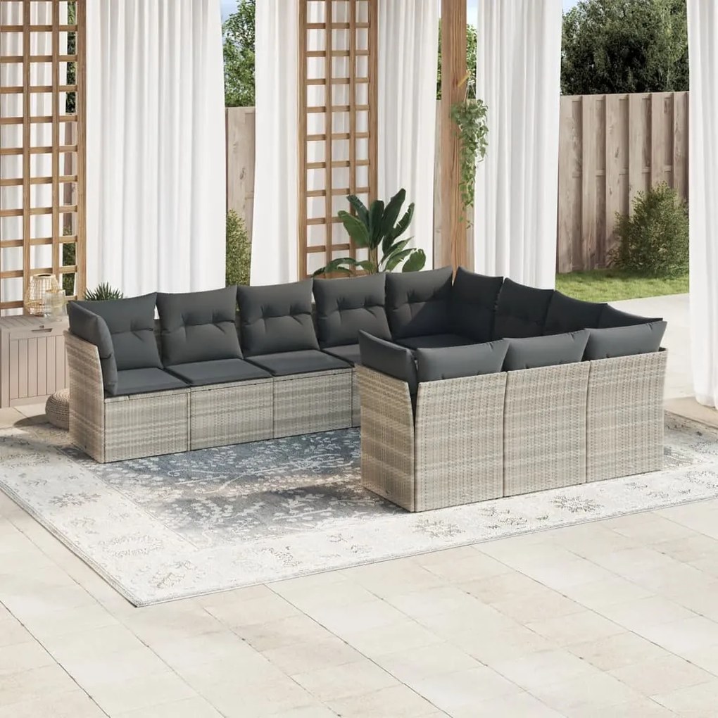 Set divano giardino 10 pz con cuscini grigio chiaro polyrattan