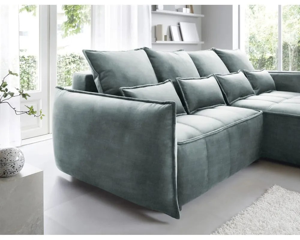 Divano angolare verde allungabile/con contenitore (con penisola a destra/con chaise lounge) e rivestimento in velluto Campo – ELTAP