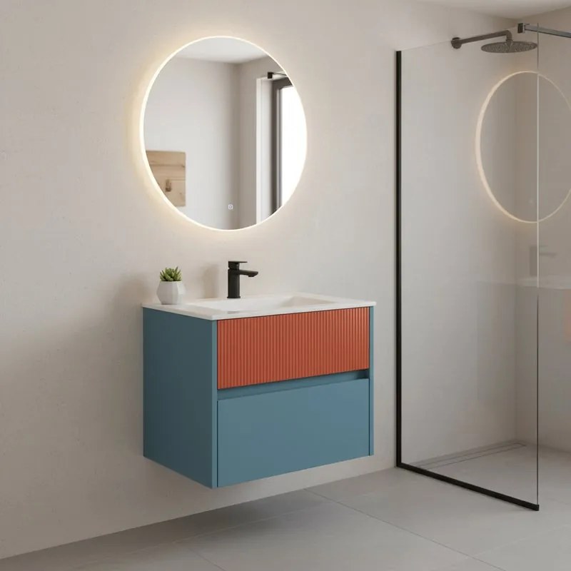 Mobile da bagno sospeso sotto lavabo Niwa 2 cassetti L 59.5 x H 50 x P 45.5 cm blu pacifico e paprika cannettato