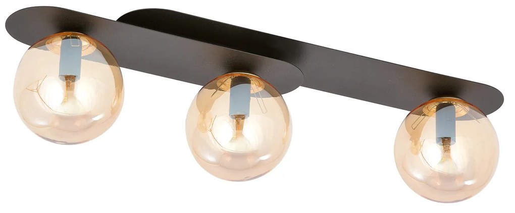 Plafoniera Minimal 3 Luci Teia In Acciaio Nero E Sfere Vetro Ambra
