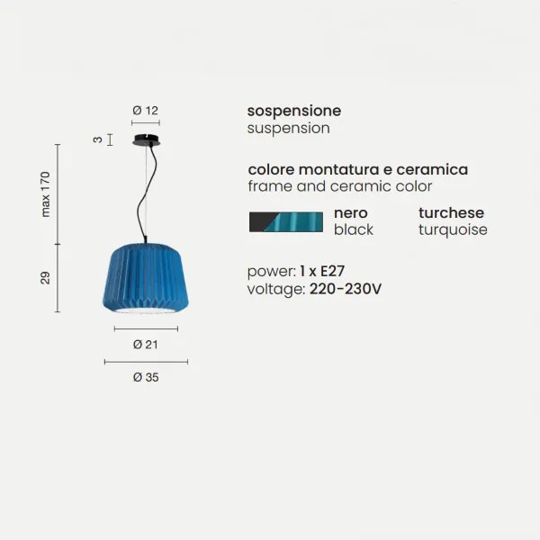 Lampada a sospensione PLUMCAKE in ceramica D35 cm TURCHESE