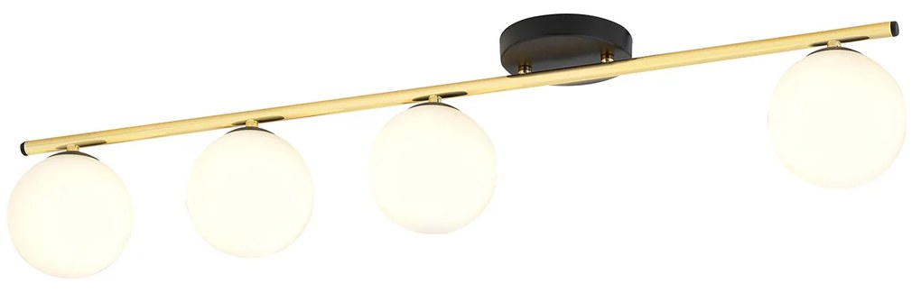 Plafoniera Contemporanea 4 Luci Achille In Acciaio Oro Nero E Sfere Vetro Bianco