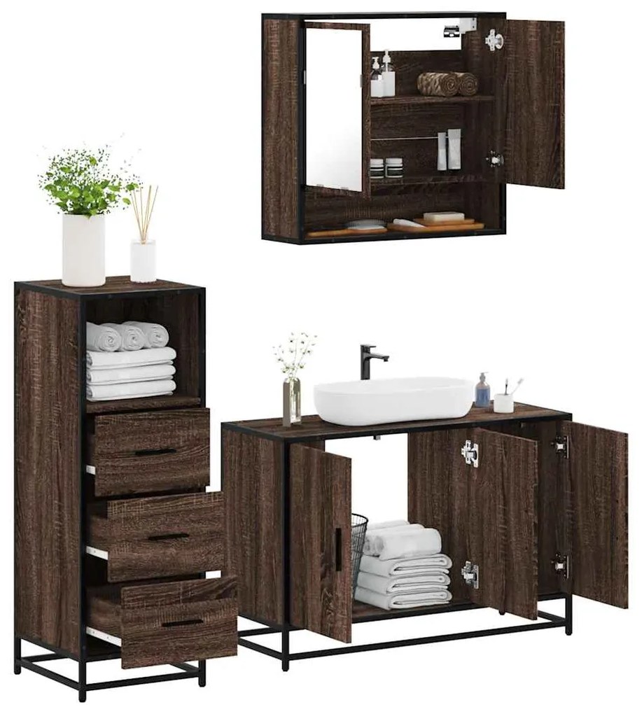 Set Mobili Da Bagno 3 Pz Rovere Marrone İn Legno Multistrato /