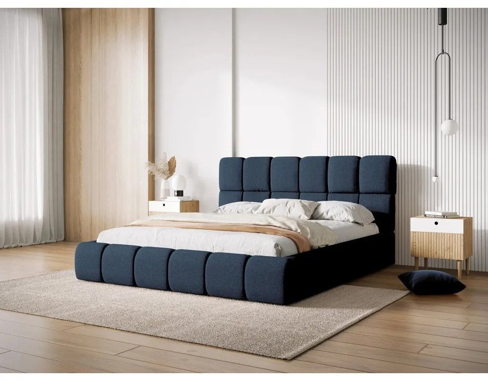 Letto matrimoniale imbottito blu scuro con contenitore con griglia 160x200 cm Bellis - Micadoni Home