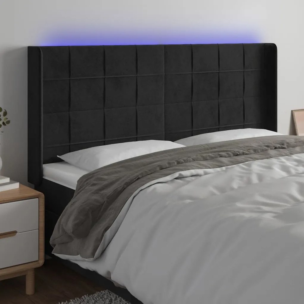 Testiera A Led Nera 163x16x118/128 Cm İn Velluto /