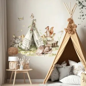 Adesivo murale Woodland - Tenda Teepee e animali della foresta | Inspio