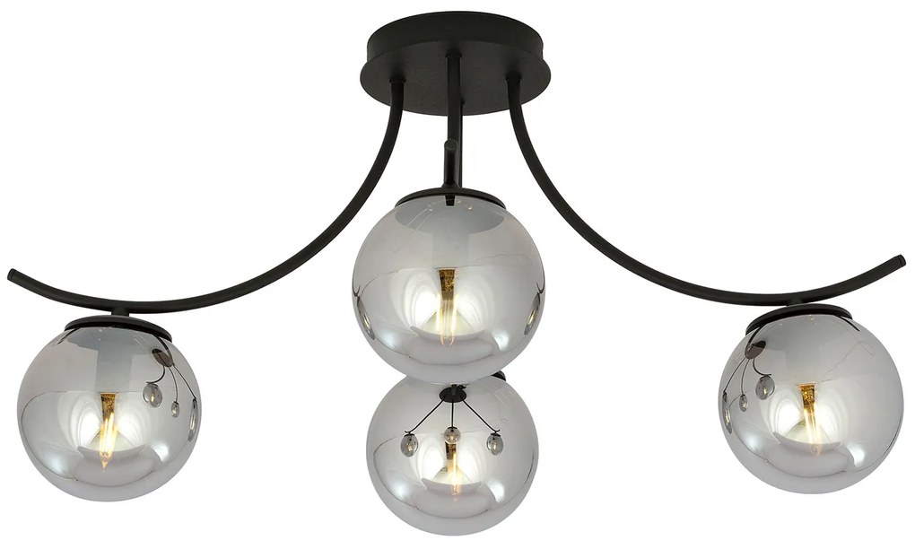Plafoniera Moderna 4 Luci Coeo In Acciaio Nero E Diffusori In Vetro Fumè