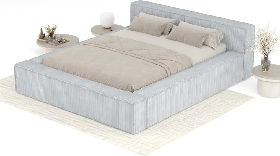 Letto matrimoniale imbottito grigio chiaro con contenitore e rete inclusi 180x200 cm Voliera – Maison de Rêve