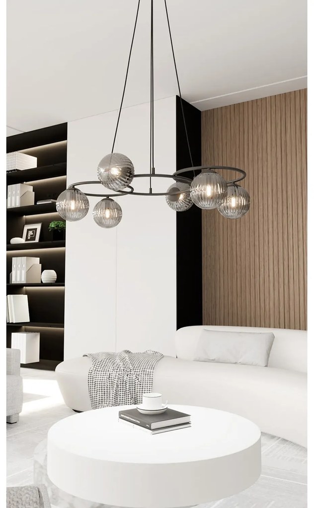 Lampadario 6 Luci Eolo A Cerchi E Diffusori In Vetro Rigato Fumè