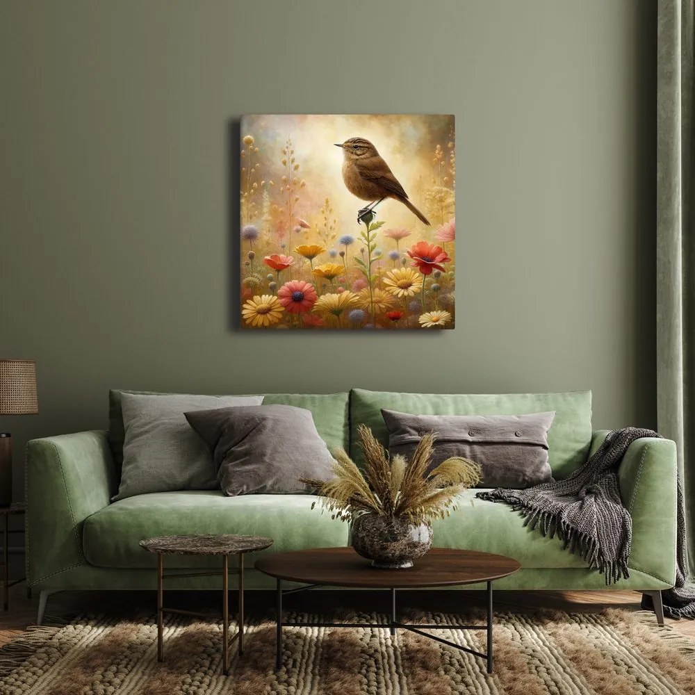 Quadro su tela – Uccellino tra i fiori del prato