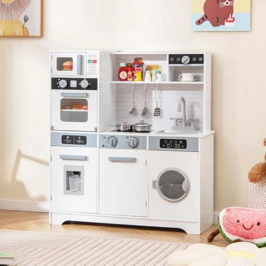 Costway Set di giocattoli in legno con lavello rubinetto dispenser d'acqua microonde, Cucina da gioco per bambini 3+ anni Bianco